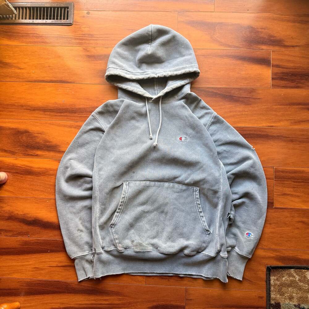 Champion Reverse Weave Distressed Pullover Hoodie Grey Size Medium